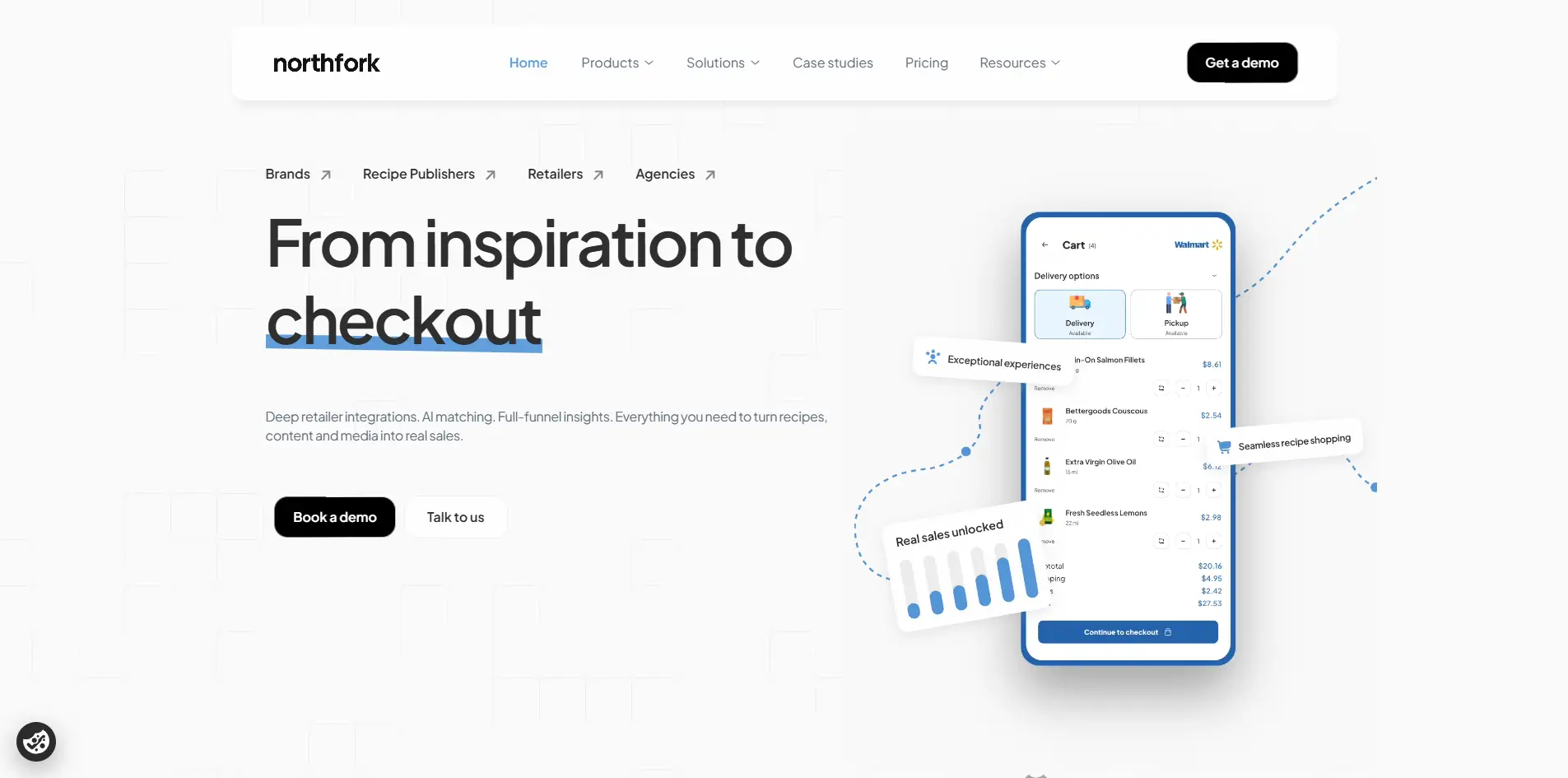 A section of the Northfork website showing dedicated solution pathways for retailers, publishers, brands, and agencies.
